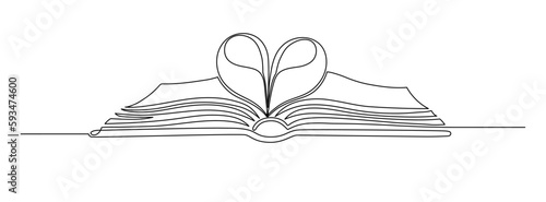 Love reading. Open book with heart shape from pages. Continuous line drawing. Education concept.