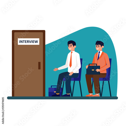 Cartoon characters of men waiting for job interviews. Human resource management sector. Preparation for meeting with headhunting business representative. Vector