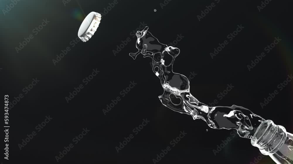 Closeup slow motion Nature Liquid water open splash from bottle isolate on black background. 3D animation. Closeup slow motion Nature Liquid water open splash from bottle isolate on black background. 3D animation.