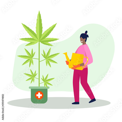 Cartoon character of dark woman growing and watering cannabis. Supporting legality of cannabis for medical use. Marijuana cultivation and legalization. Vector