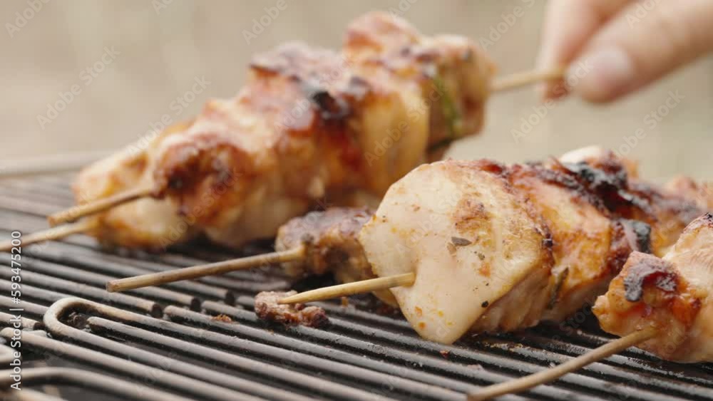 I turn the chicken meat on wooden sticks, on the grill, close-up. I turn the chicken meat on wooden sticks, on the grill, close-up.