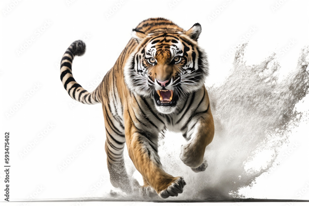 Obraz premium Tiger running on camera isolated on white background.. Generative AI