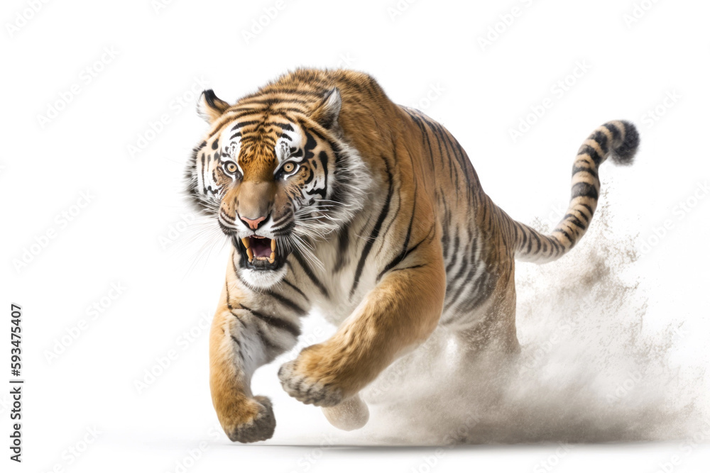 Fototapeta premium Tiger running on camera isolated on white background.. Generative AI