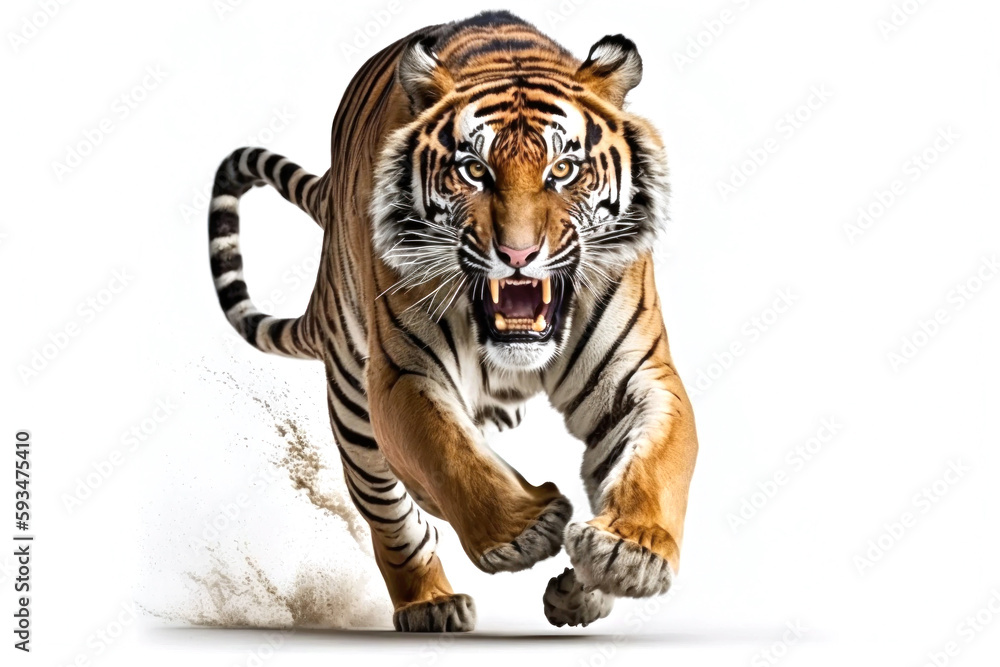 Obraz premium Tiger running on camera isolated on white background.. Generative AI