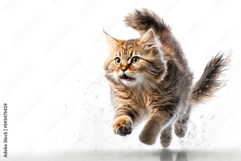 Cat running on camera isolated on white background.. Generative AI