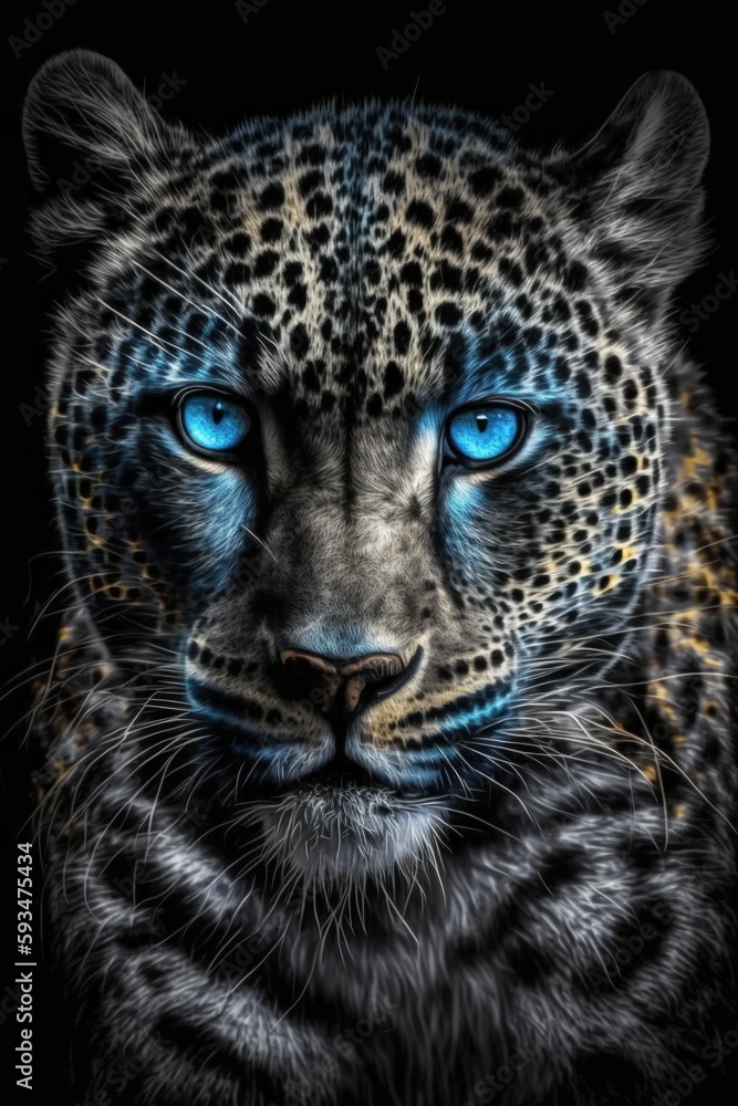 Magic frost leopard with blue eyes on black background. Generative AI
