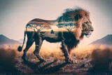 lion and the African savannah double exposure. Generative AI
