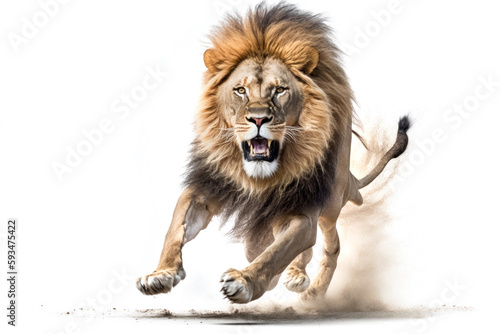 Lion running on camera isolated on white background.. Generative AI