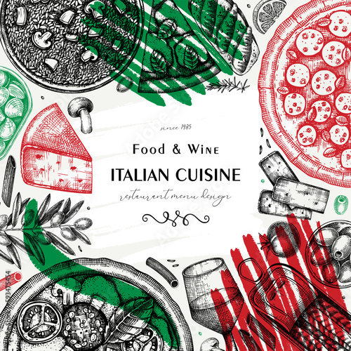  Italian cuisine frame design in collage style. Hand drawn pizza, pasta, risotto with mushrooms, and canape. Mediterranean food sketches. Artistic vector background