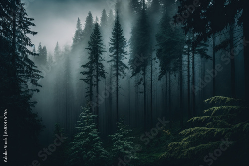 Dark and moody forest with mist and fog. Generative AI