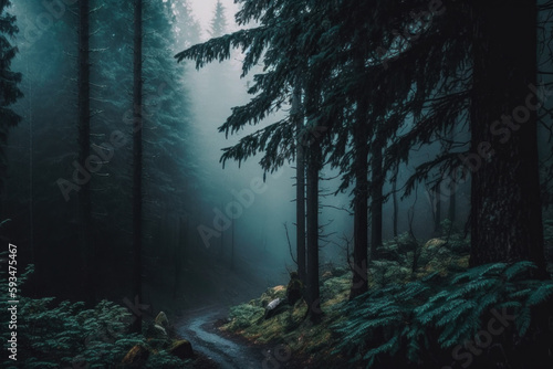 Dark and moody forest with mist and fog. Generative AI