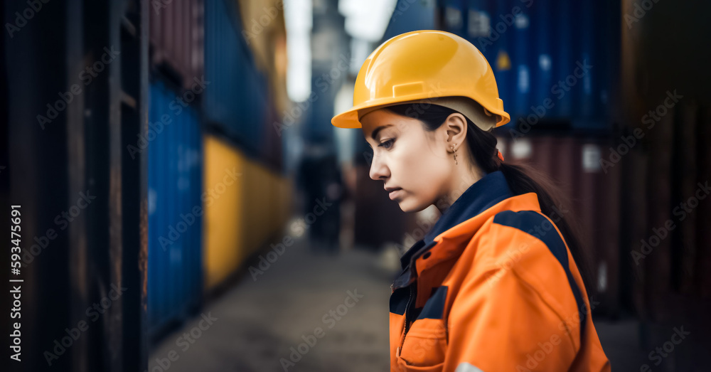 a woman in an industrial uniform holding an electronic device in front of shipping containers at a port. generative AI