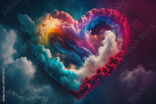 Colorful Valentine day heart in the clouds. Generative AI