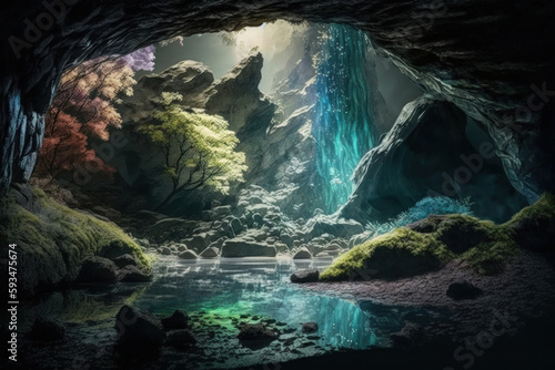 Inside a fantasy cave with water and sunrays. Generative AI