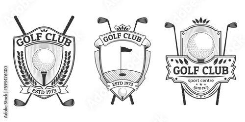 Golf club logo, icon or badge set. Vintage design with ball on a tee and crossed golf sticks. Retro shield emblems. Sport tournament or championship labels. Vector illustration.