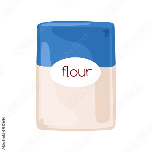 Wheat flour in paper bag. Closed pack, package with baking ingredient. Product for cooking. Flat cartoon vector illustration isolated on white background