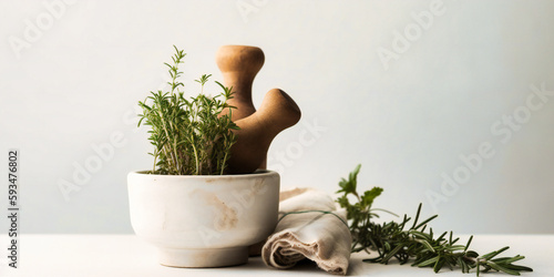 thyme, rosemary and pestle and mortar on a white background,