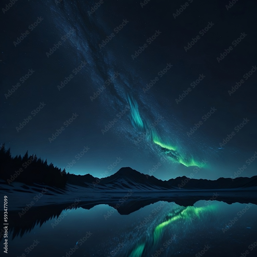 night landscape blue and green aurora 