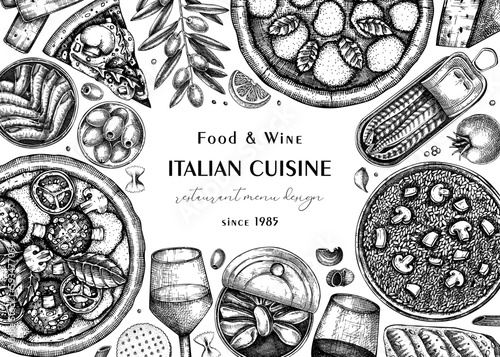 Italian cuisine vintage background. Hand drawn pizza, pasta and risotto frame in sketch style. Mediterranean food menu design template. Food ingredient  black outlines