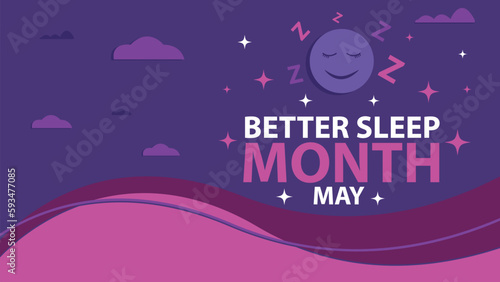 Better Sleep Month holiday vector banner design with pink and purple color combination, typography, sleepy face icon, stars and clouds. Better Sleep Month modern simple poster background illustration.