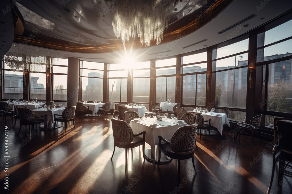 Restaurant with a panoramic view of the city. AI Generated