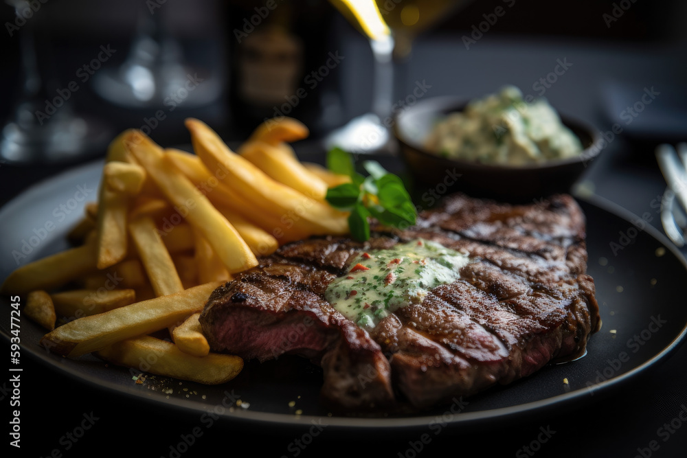 Steak with french fries and herb butter, generative ai Steak with french fries and herb butter, generative ai