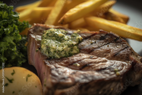 Wallpaper Mural Steak with french fries and herb butter, generative ai Torontodigital.ca