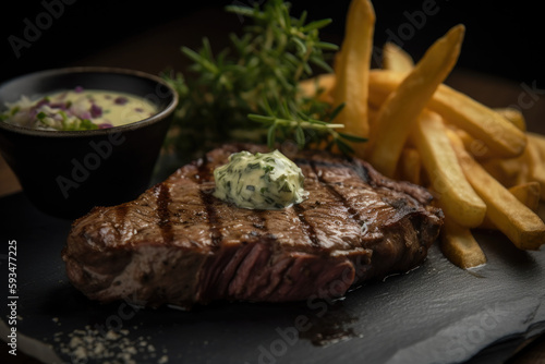 Wallpaper Mural Steak with french fries and herb butter, generative ai Torontodigital.ca
