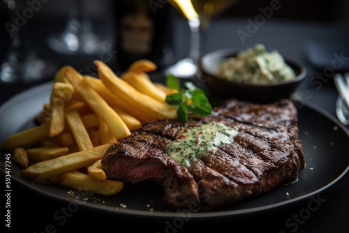 Wallpaper Mural Steak with french fries and herb butter, generative ai Torontodigital.ca