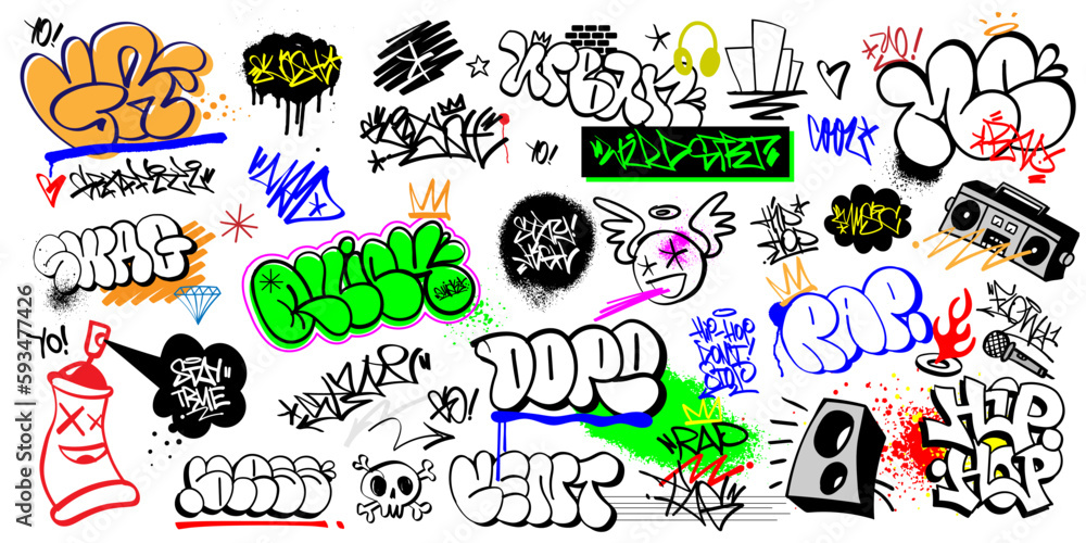 graffiti street art vector lettering set , rap music hip hop culture design elements
