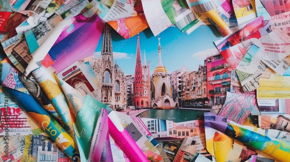 collage made of magazines and colorful paper mood. travel and barcelona