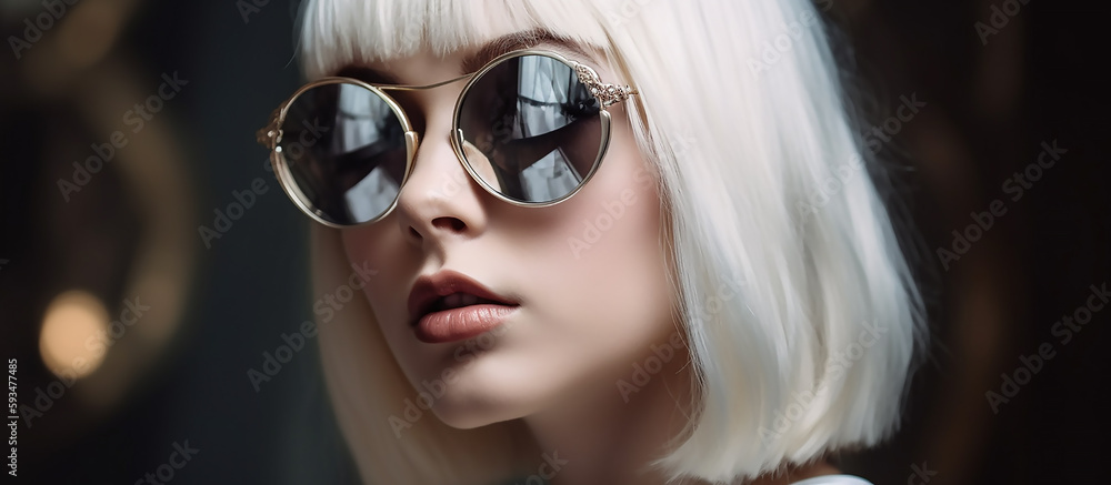 Stylish blonde in shiny dress and sunglasses , face of beautiful fashionable woman in white wig. Glamour fashion girl, generative ai tools Stylish blonde in shiny dress and sunglasses , face of beautiful fashionable woman in white wig. Glamour fashion girl, generative ai tools