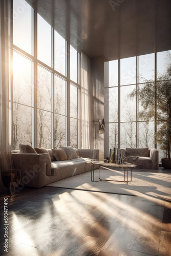 Spacious bright living room with panoramic windows. AI Generated