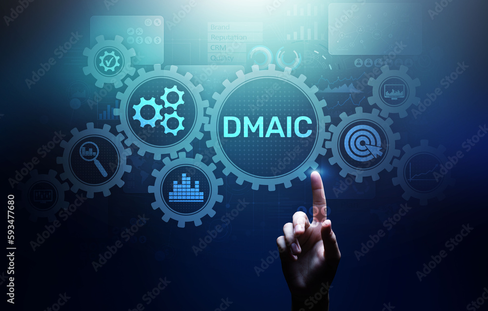 DMAIC Define Measure Analyze Improve Control Industrial business process optimisation six sigma lean manufacturing technology concept on virtual screen. DMAIC Define Measure Analyze Improve Control Industrial business process optimisation six sigma lean manufacturing technology concept on virtual screen.