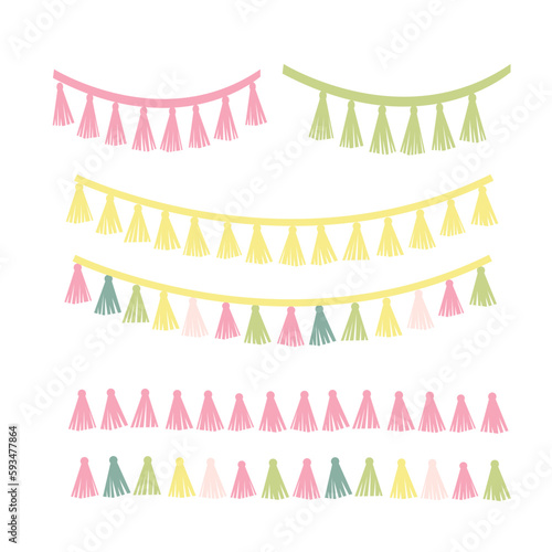 Colorful party decoration set. Tassels wreath border collection.  Vector illustration