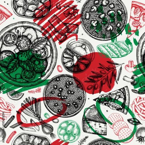 Italian cuisine vector background. Hand drawn pizza, pasta, tinned fish canape and risotto with mushrooms sketches. Mediterranean food seamless pattern in collage style. Trendy menu design