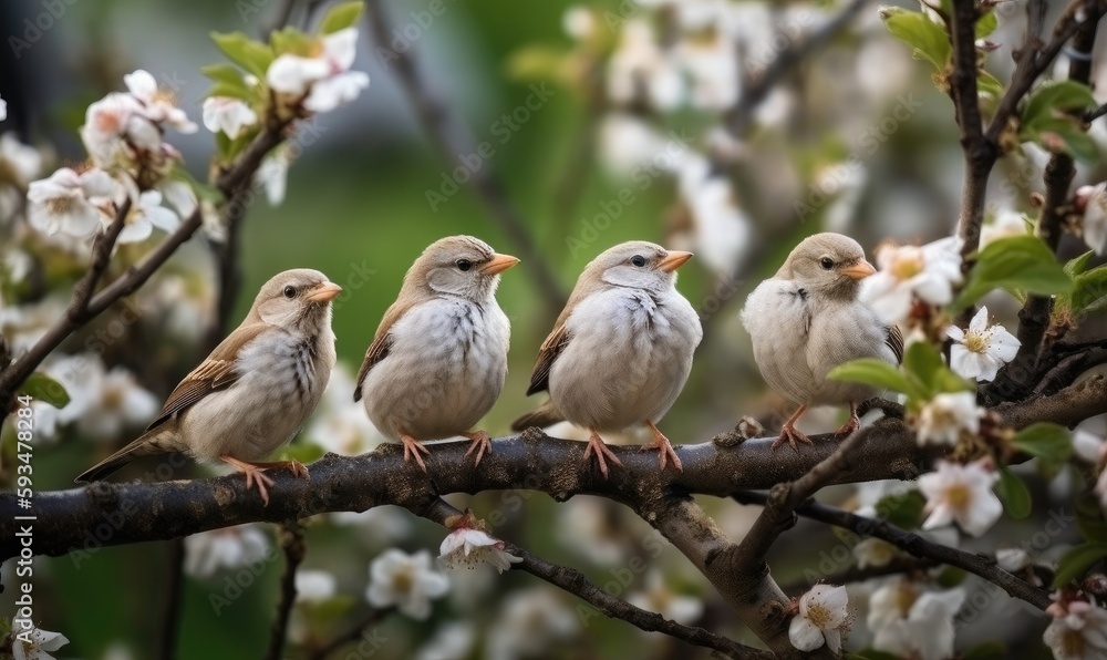 Funny Birds and Chicks Among Apple Tree Branches in Spring AI generated