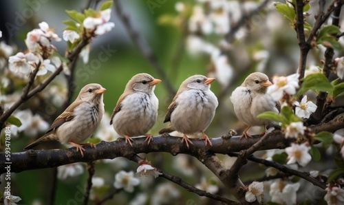 Funny Birds and Chicks Among Apple Tree Branches in Spring AI generated