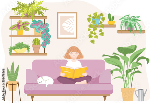 A girl with a book sits on the couch surrounded by potted flowers