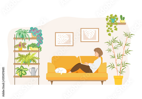 A girl with a laptop in a room with lots of room flowers, landscaping the apartment.