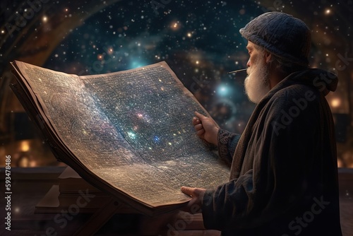 Fototapete A astronomer gazing up at the night sky filled with stars, holding an antique cosmology chart or sand tray in hand