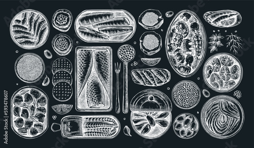 Seafood illustrations on chalkboard. Hand-drawn tinned fish sketches collection. Sardines, anchovy, mackerel, tuna, mussels in tin cans, fish canapes, olives, crackers drawings. Menu design