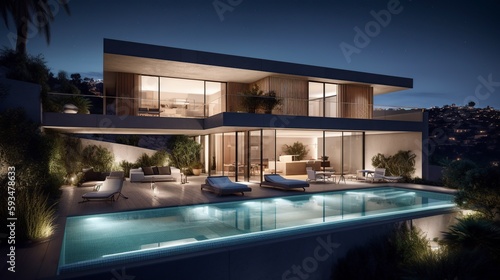 illustration, modern mansion with swimming pool, generative ai © Jorge Ferreiro
