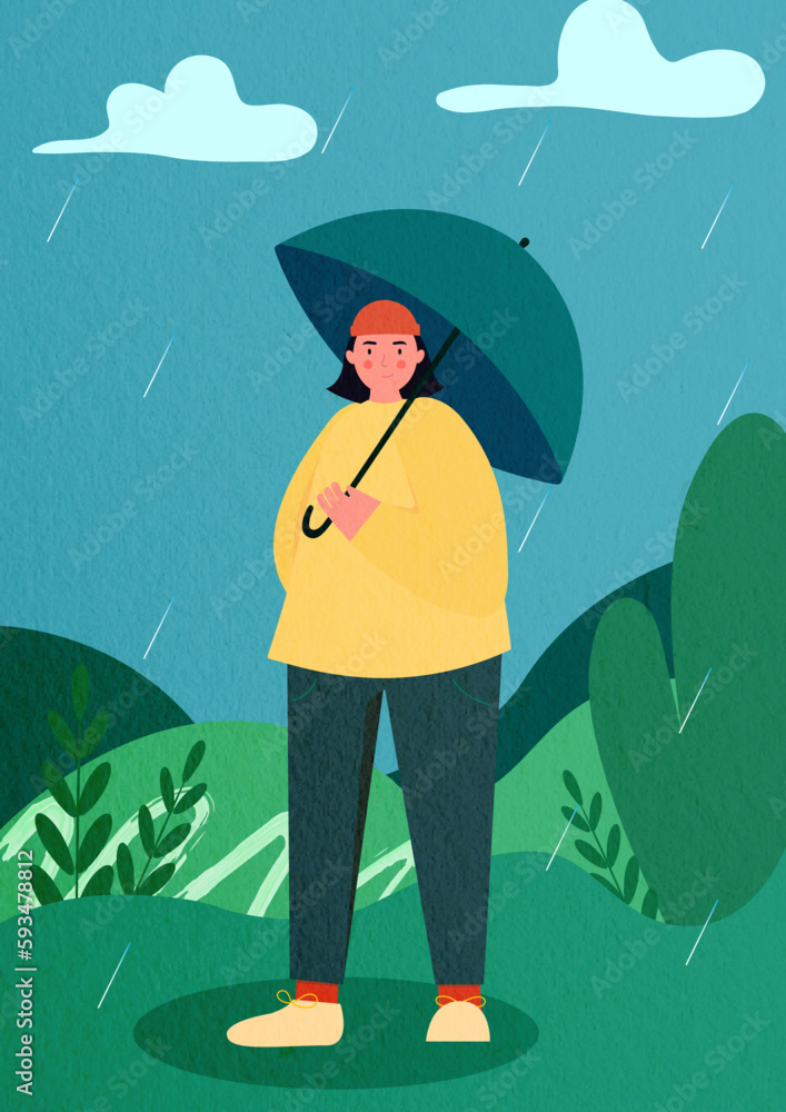 Woman in the rainy park with an umbrella Stock Vector | Adobe Stock
