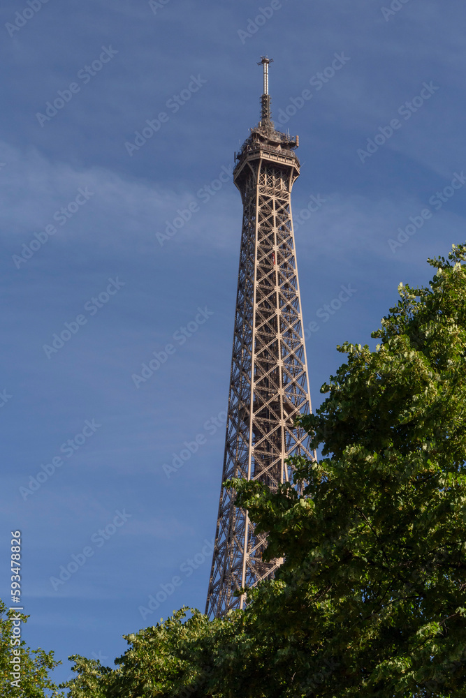 view on Eiffel Tower from nearby park at summer