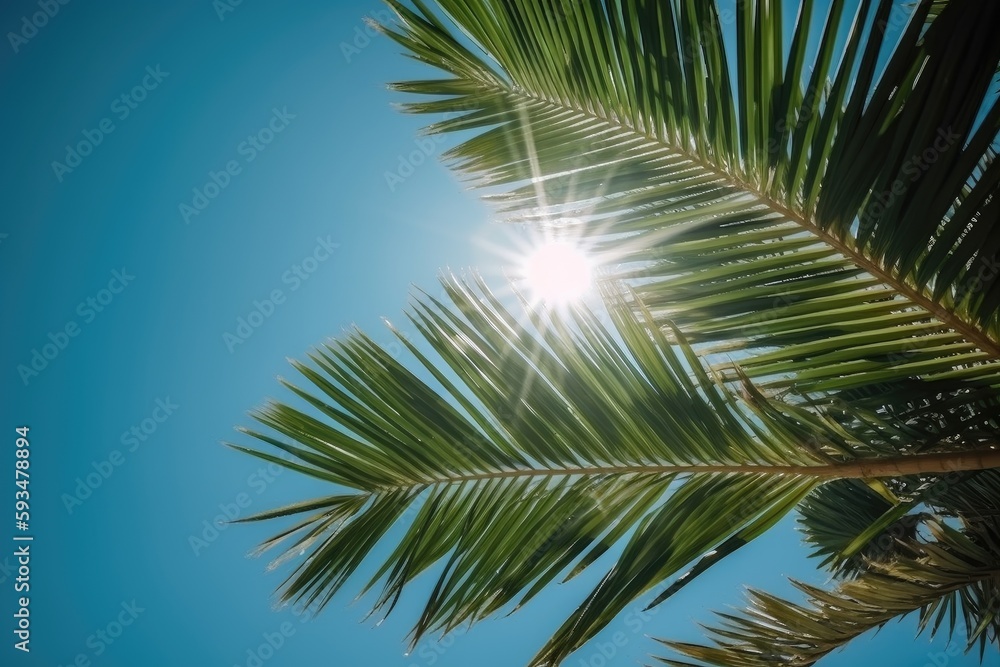 Tropical Palm Tree with Green Branches and Blue Sky AI generated