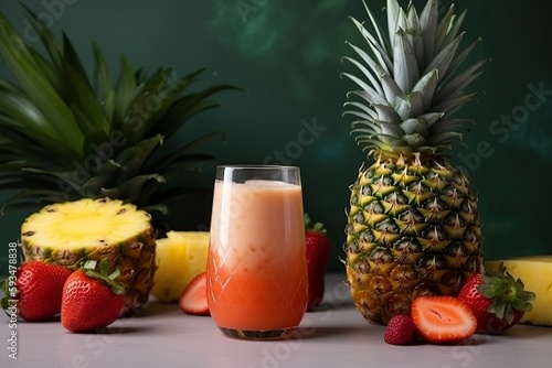 illustration, smooth strawberry juice, pineapple, orange, generative ai