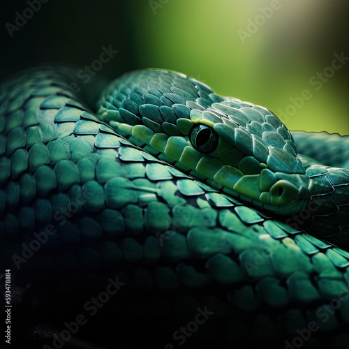 Macro photograph of a green snake. Detail image of the scales of the snake.