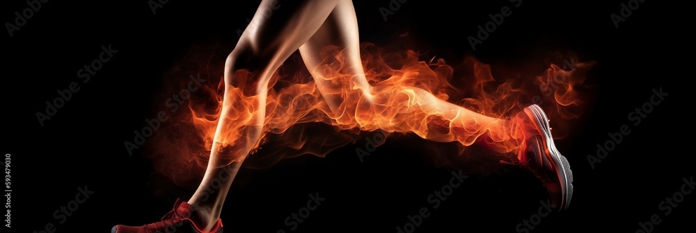 Fototapeta premium Legs of a runner with power in their veins isolated on black. Fire and energy