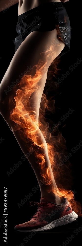 Legs of a runner with power in their veins isolated on black. Fire and energy